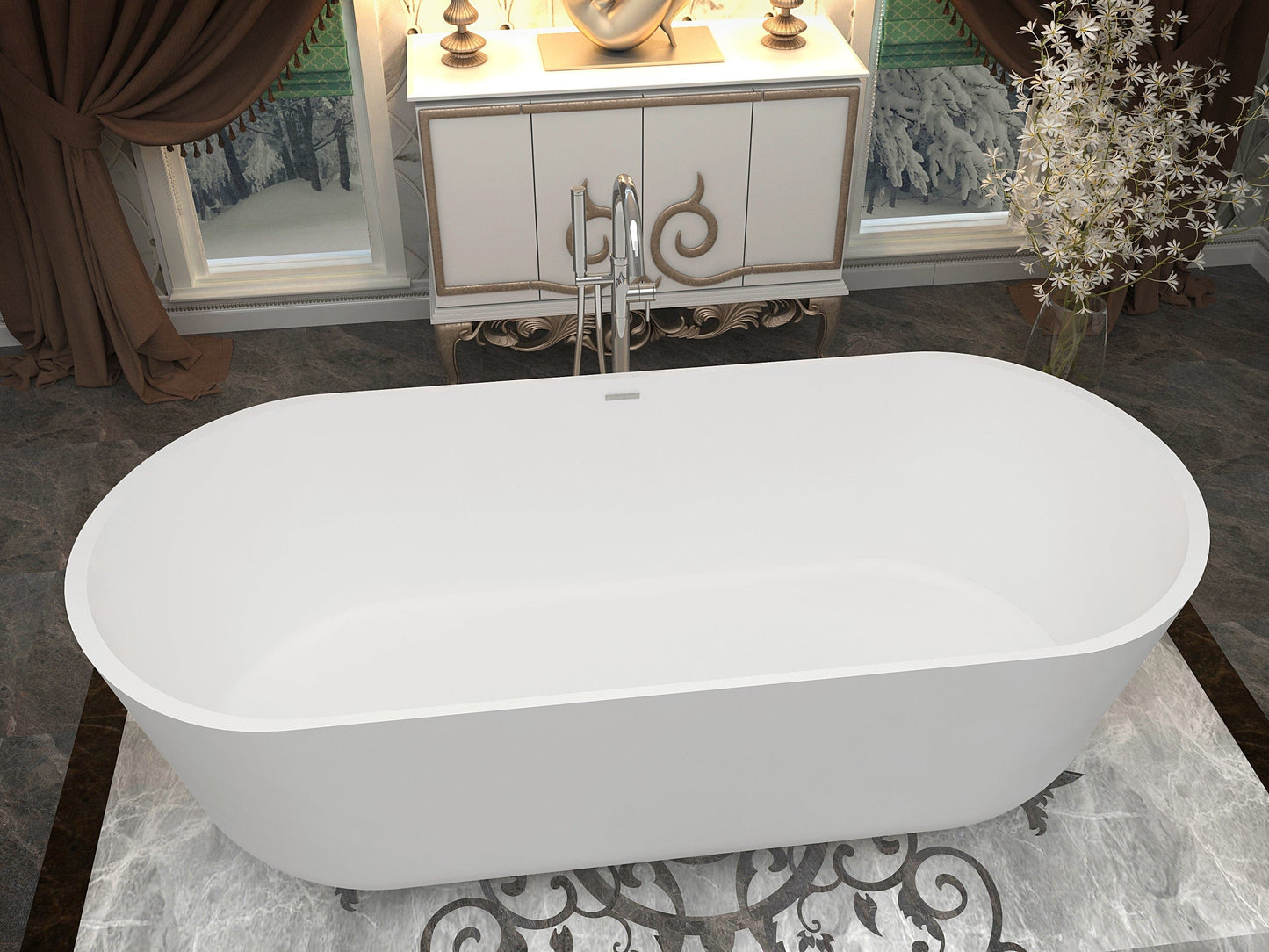 Anzzi Brand FT-AZ511 Sabbia 5.9 ft. Solid Surface Center Drain Freestanding Bathtub in Matte White