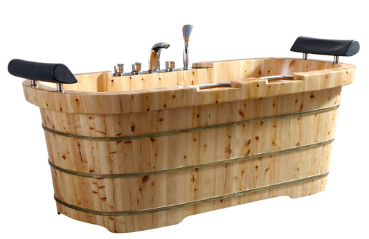 ALFI brand AB1130 65" 2 Person Free Standing Cedar Wooden Bathtub with Fixtures & Headrests