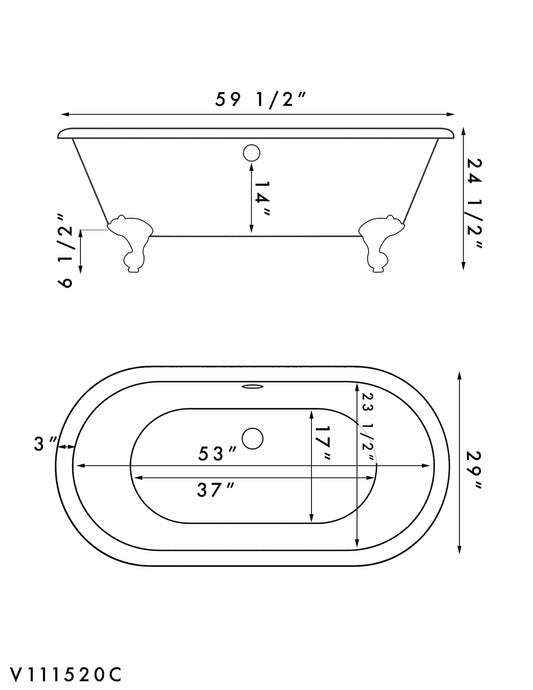 Acrylic Double Ended Clawfoot Bathtub with Contiuous Rim and Oil Rubbed Bronze Feet