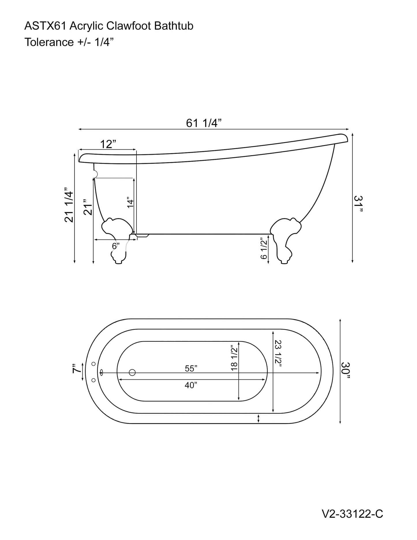 Extra wide Acrylic Slipper tub with Faucet Holes and Brushed Nickel Claw Feet