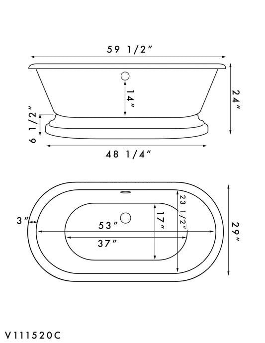 Acrylic Double Ended Pedestal Bathtub with Continuous Rim