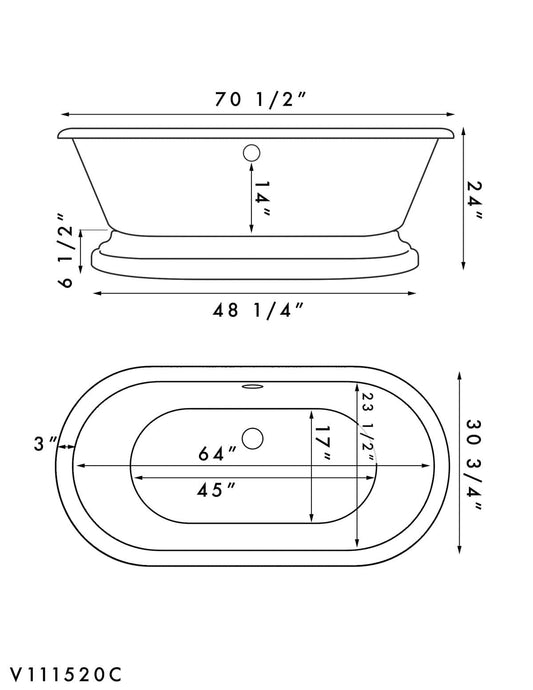 Acrylic Double Ended Pedestal Bathtub with Continuous Rim and Complete Brushed Nickel Plumbing Package