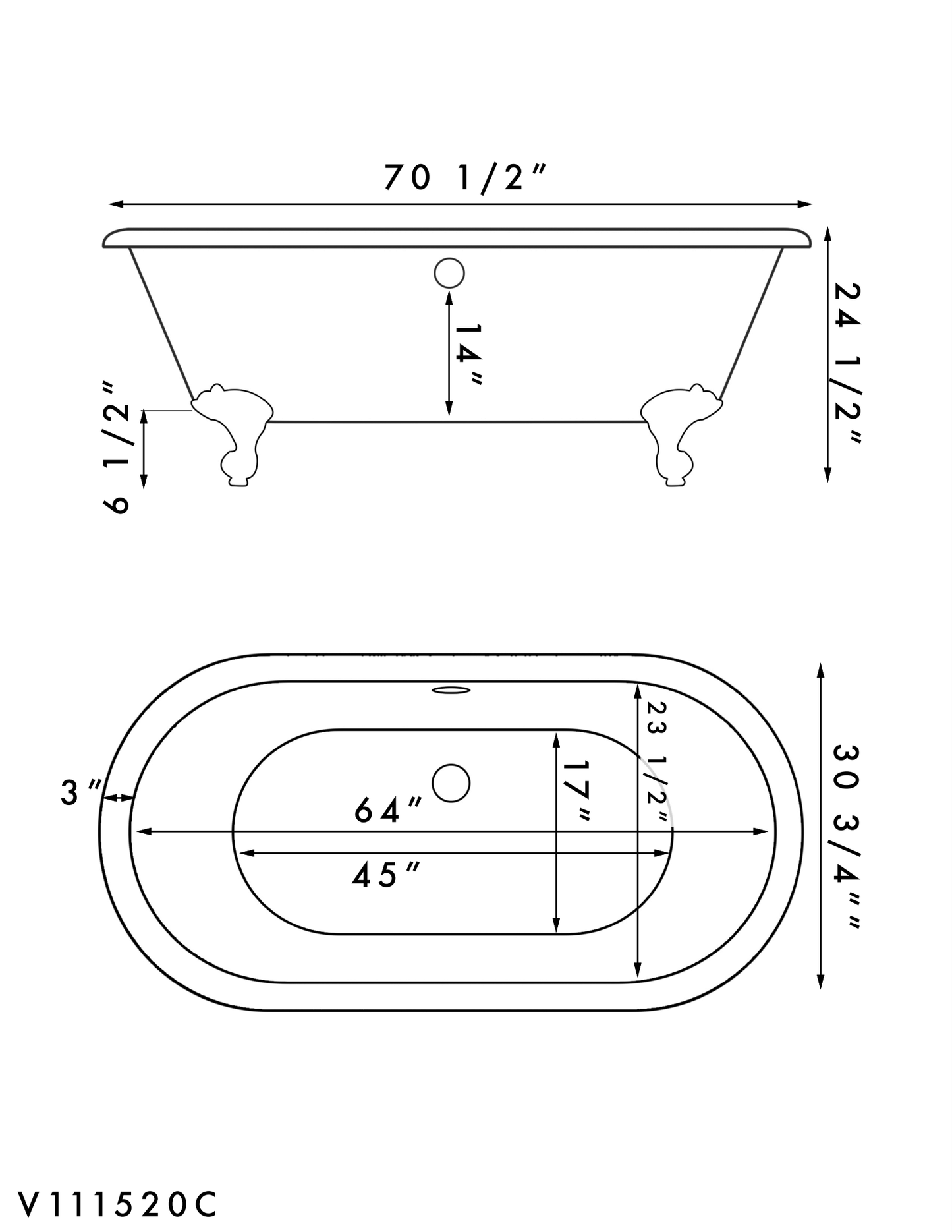 Acrylic Double Ended Clawfoot Soaking Tub with continuous rim and Oil Rubbed Bronze Feet