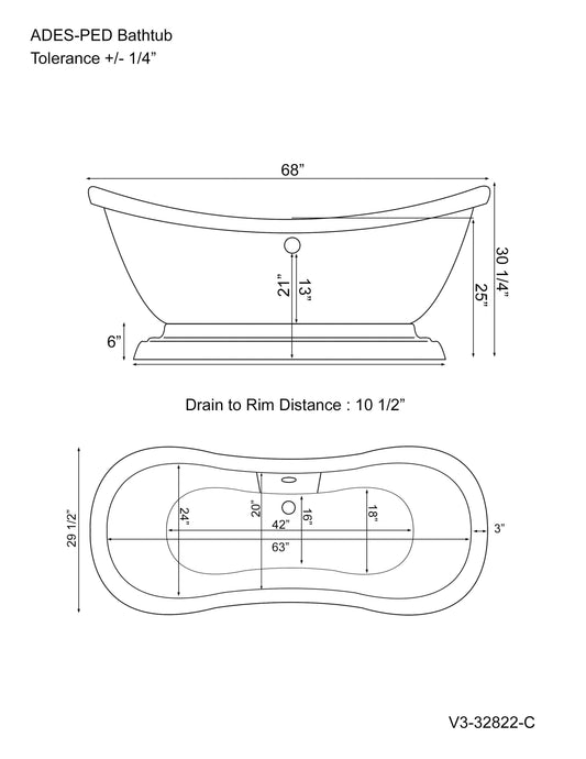 Acrylic Double Slipper Pedestal Soaking Tub with Continuous Rim