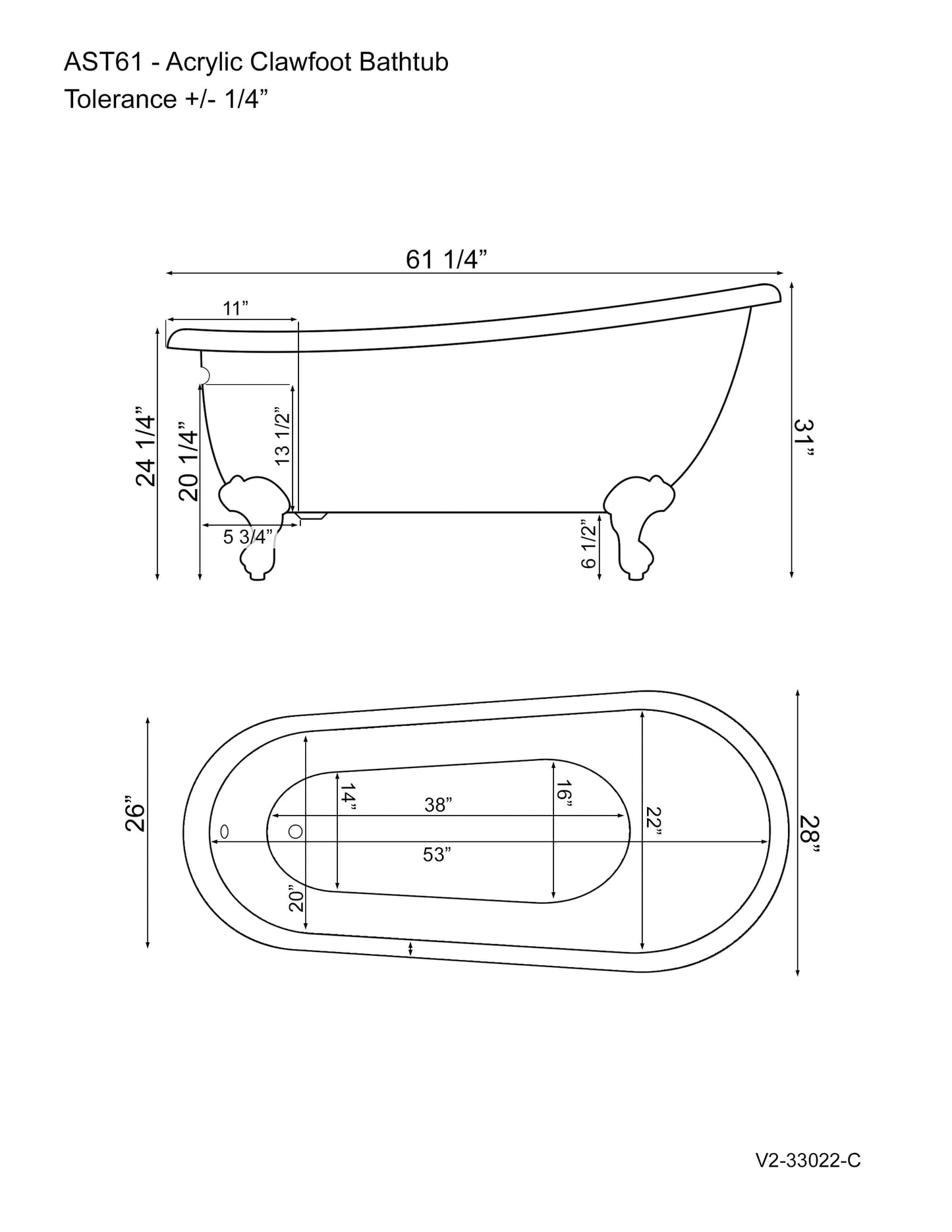 Acrylic Slipper Soaking Tub with Continuous Rim and Oil Rubbed Bronze Feet