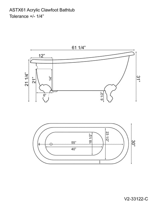 Extra Wide Acrylic Slipper Tub Without Faucet Holes and Brushed Nickel Claw Feet