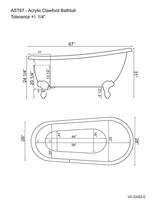 Acrylic Clawfoot Slipper Soaking Tub with Continuous Rim and Polished Chrome Plumbing Package