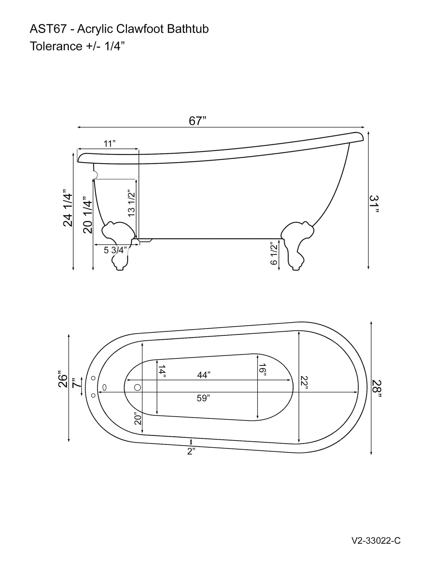 Acrylic Clawfoot Slipper Soaking Tub with and Brushed Nickel Plumbing Package