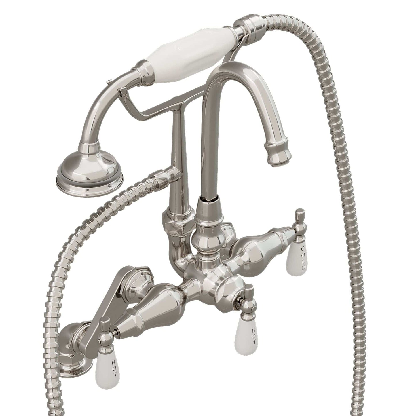 Cambridge Clawfoot Tub Deck Mount Porcelain Lever English Telephone Brass Faucet with Hand Held Shower-Brushed Nickel CAM684D-BN