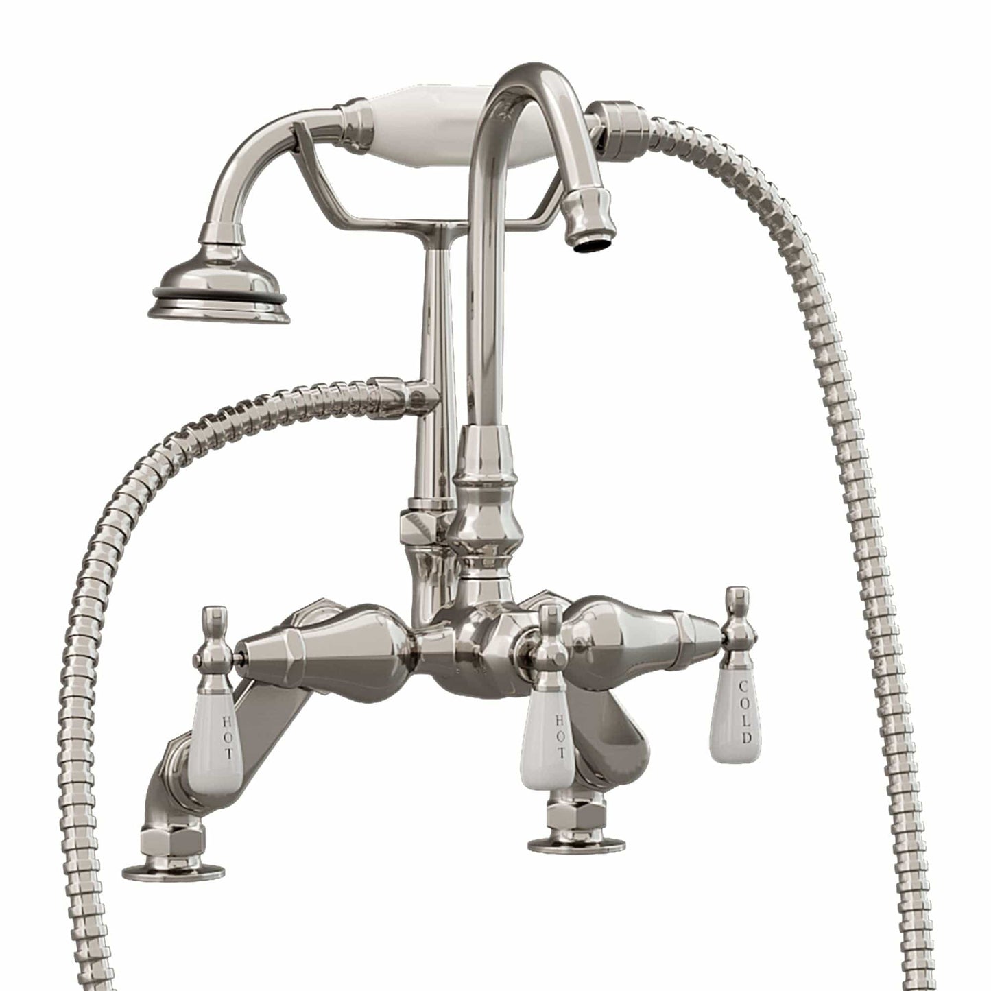 Cambridge Clawfoot Tub Deck Mount Porcelain Lever English Telephone Brass Faucet with Hand Held Shower-Brushed Nickel CAM684D-BN