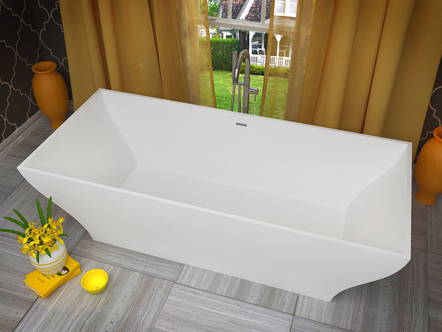 Anzzi Brand FT-AZ8419 Kayenge 5.9 ft. Solid Surface Center Drain Freestanding Bathtub in Matte White