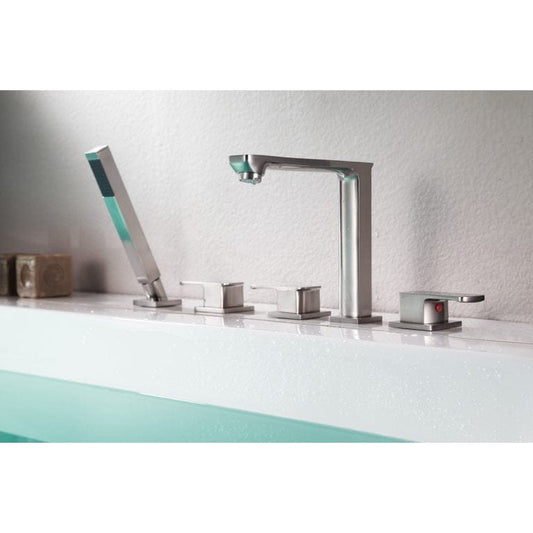 Anzzi Brand FR-AZ102BN Shore 3-Handle Deck-Mount Roman Tub Faucet with Handheld Sprayer in Brushed Nickel