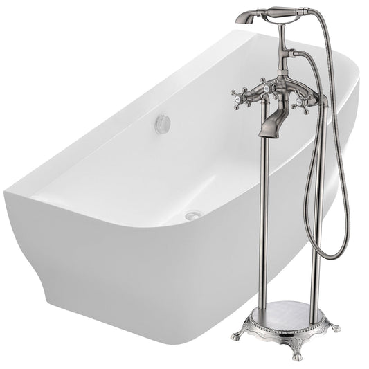 Anzzi Brand FTAZ112-0052B Bank 64.9 in. Acrylic Flatbottom Bathtub in White with Tugela Faucet in Brushed Nickel